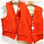 TWO GENT'S SCARLET HUNT WAISTCOATS silk lined, one with brass and the other with pearl buttons