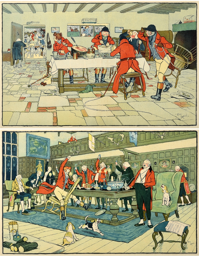 AFTER CECIL ALDIN 'The Hunt Breakfast' and 'The Hunt Supper' a pair of colour prints, titled on