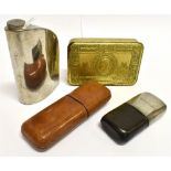 AN UNUSUAL CURVED PLATED HIP FLASK by 'Troika Ltd Designed by Chris Middleton', height 13.5cm; a