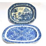 A LARGE STAFFORDSHIRE TURKEY PLATE transfer printed in the Willow pattern, 47cm long; together
