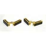 AN ASPREY & CO PAIR OF BLOODSTONE SET 18CT GOLD CHAINED CUFFLINKS the links comprising a rectangular