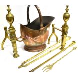 A PAIR OF BRASS ANDIRONS, FIRE IRONS, COPPER COAL SCUTTLE ETC