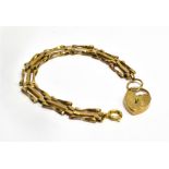 A 9 CARAT GOLD 3 BAR GATE BRACELET WITH PADLOCK FASTENER the gate bracelet comprising twist straight