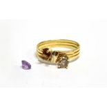 A DIAMOND AND AMETHYST TWO STONE 18 CARAT GOLD THREE ROW BAND RING the champagne coloured round