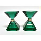 A PAIR OF GREEN GLASS ART DECO STYLE SCENT FLASKS 10cm high