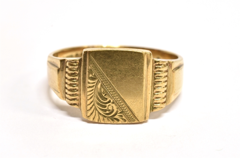 A 9 CARAT GOLD GENTS SIGNET RING cushion shaped head (no inscription), ring size V, gross weight 5.3 - Image 2 of 3