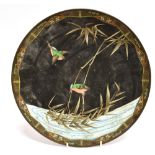 A JAPANESE CLOISONNE CHARGER decorated with a pair of kingfishers and bamboo, 30cm diameter