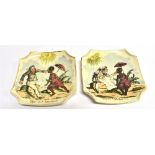 A PAIR OF SMALL CONTINENTAL SQUARE SHAPED DISHES printed with humourous scenes, stamped '