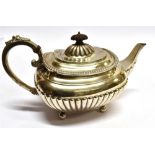 A JAMES DIXON & SONS SILVER TEAPOT the cushion shaped teapot of half fluted form, C scroll silver