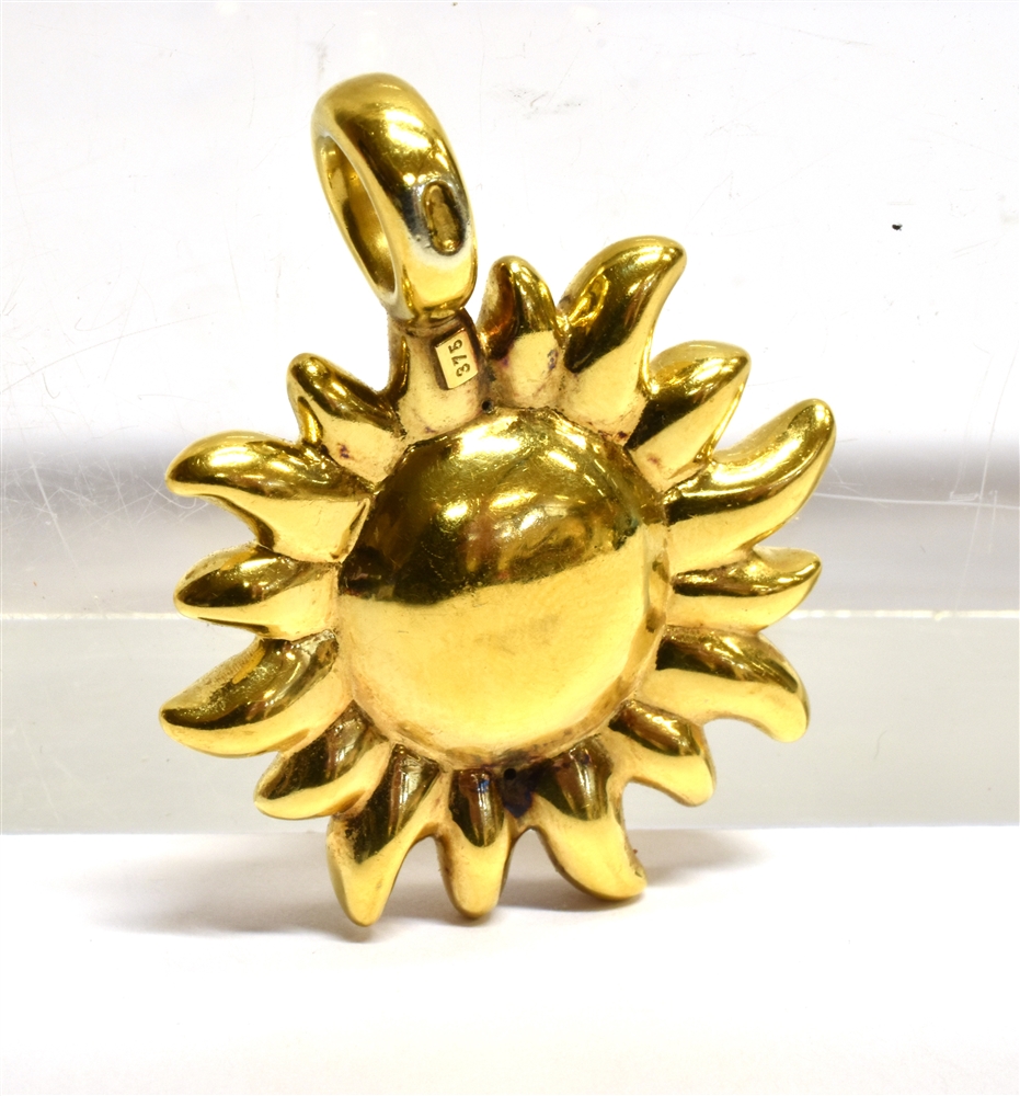 A 9 CARAT GOLD SMILING SUN PENDANT the textured finish round face to plain polished border rays, - Image 2 of 2