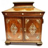 A VICTORIAN ROSEWOOD MOTHER-OF-PEARL INLAID SEWING BOX the caddy top opening to red silk lined