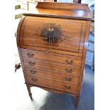 A SMALL EDWARDIAN SATINWOOD BUREAU the cylinder top with painted decoration of the two Princes in