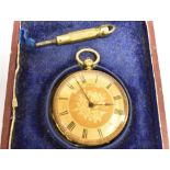 A BAUME 18 CARAT GOLD SMALL POCKET WATCH key wind bar lever movement with gold coloured dial,