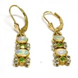 A PAIR OF OPAL, DEMANTOID GARNET AND DIAMOND SET DROP EARRINGS two oval cabochon cut opals to each