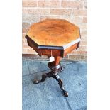 A VICTORIAN WALNUT TRUMPET SHAPED WORK TABLE the octagonal hinged lid lifting to reveal a fitted