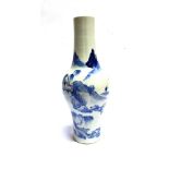 A CHINESE PORCELAIN BLUE AND WHITE VASE decorated with figures in a landscape, bearing six figure