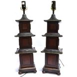 A LARGE PAIR OF DECORATIVE LAMP BASES of pagoda form, 57cm high excluding electrical fittings