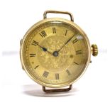 AN EARLY 9 CARAT GOLD WRISTWATCH with soldered lugs top and bottom, the front opening glazed cover