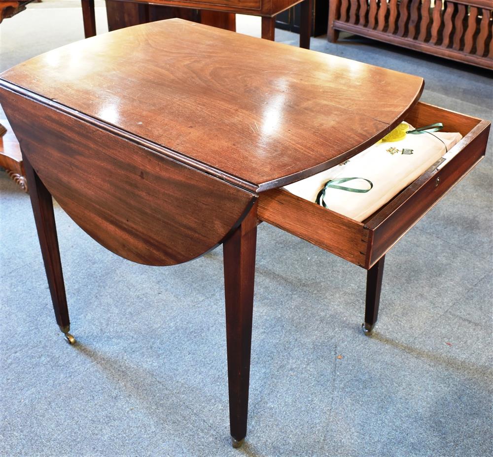 A 19TH CENTURY MAHOGANY PEMBROKE TABLE the oval top 79cm deep 55cm wide (105cm including both