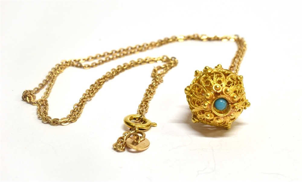 A MIDDLE EASTERN STYLE FILIGREE DROP PENDANT set with a small turquoise on a matched 9 carat gold - Image 2 of 2