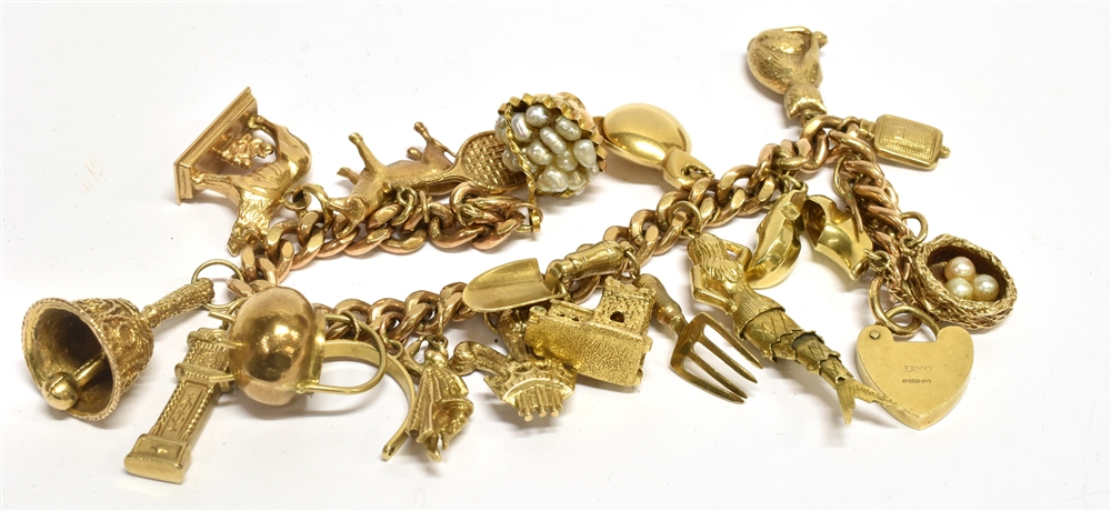 A 9 CARAT GOLD CHARM BRACELET WITH PADLOCK FASTENER containing nineteen assorted charms,