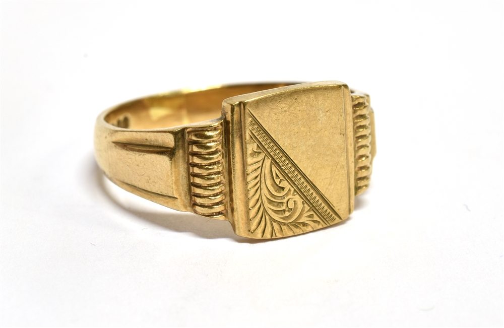 A 9 CARAT GOLD GENTS SIGNET RING cushion shaped head (no inscription), ring size V, gross weight 5.3