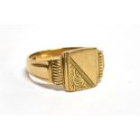 A 9 CARAT GOLD GENTS SIGNET RING cushion shaped head (no inscription), ring size V, gross weight 5.3