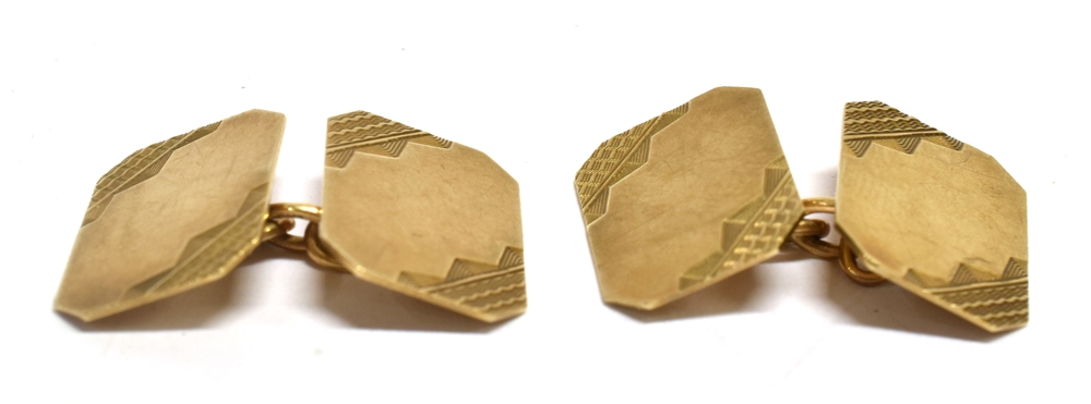 A PAIR OF 9CT GOLD CHAINED CUFFLINKS the links comprising rectangular cut corner design with