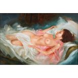 M.T. LIM (20TH CENTURY) Reclining female nude, oil on canvas, signed lower left, 59.5cm x 89.5cm.
