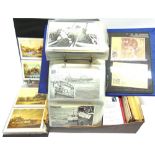 STAMPS - ASSORTED GREAT BRITAIN & OTHER PHILATELIC POSTCARDS (three albums and shoe box).