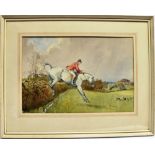 [HUNTING]. ERIC GODDARD (BRITISH, 20TH CENTURY) Huntsman taking a hedge, watercolour, signed and