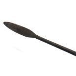 AN AFRICAN HUNTING SPEAR with a hide band at the head of the wood shaft, overall 116.5cm long.