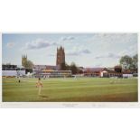 [CRICKET]. MAURICE BISHOP (BRITISH, CONTEMPORARY) 'Opening over at Taunton', colour print, limited