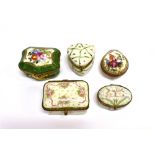 FIVE ASSORTED PAINTED PATCH BOXES to include casket and oval outline, and with floral and courting