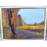 20TH CENTURY SCHOOL abstract landscape oil on canvas, unsigned, Fred Keech gallery label verso, 99cm