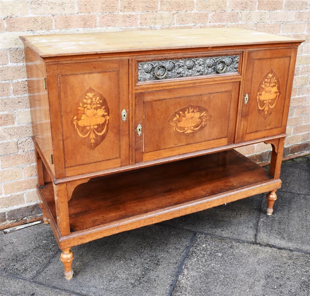 AN UNUSUAL EDWARDIAN MARBLE TOP MIRROR BACK SIDEBOARD with floral embossed metal frieze and matching - Image 2 of 3