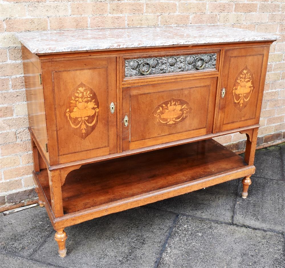 AN UNUSUAL EDWARDIAN MARBLE TOP MIRROR BACK SIDEBOARD with floral embossed metal frieze and matching - Image 3 of 3