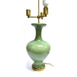 A LARGE CELADON COLOURED TABLE LAMP of ovoid baluster form with elongated neck, brass fittings, 49cm