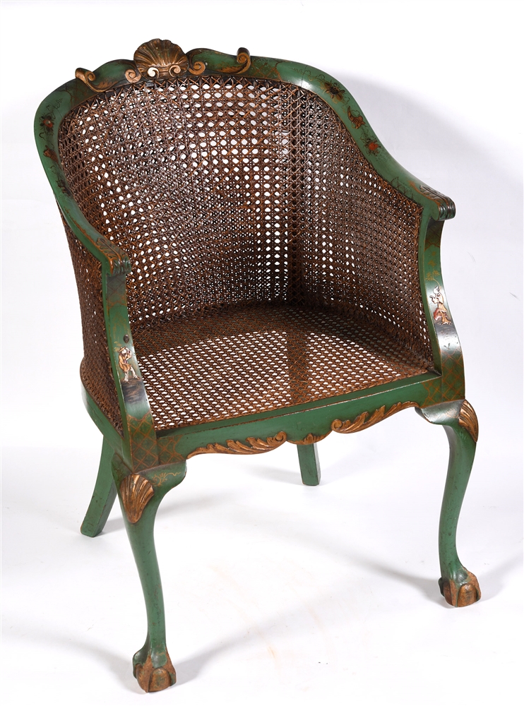 A BERGERE ARMCHAIR with double caned back, the carved frame with green lacquered Chinoiserie - Image 7 of 8