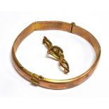 TWO ITEMS OF 9CT GOLD damaged, as found, comprising a rose gold hollow bangle and a bar brooch,