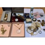 A QUANTITY OF COSTUME JEWELLERY AND LADIES WATCHES To include a Charles Horner blue enamelled BABY
