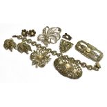 EIGHT ITEMS OF MARCASITE SET SILVER JEWELLERY comprising four brooches, a pair of clips, a single