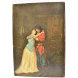 19TH CENTURY SCHOOL an embracing couple oil on board 32cm x 23cm