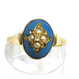 A LATE VICTORIAN TURQUOISE, SEED PEARL AND DIAMOND SET RING the oval cabochon cut turquoise inset