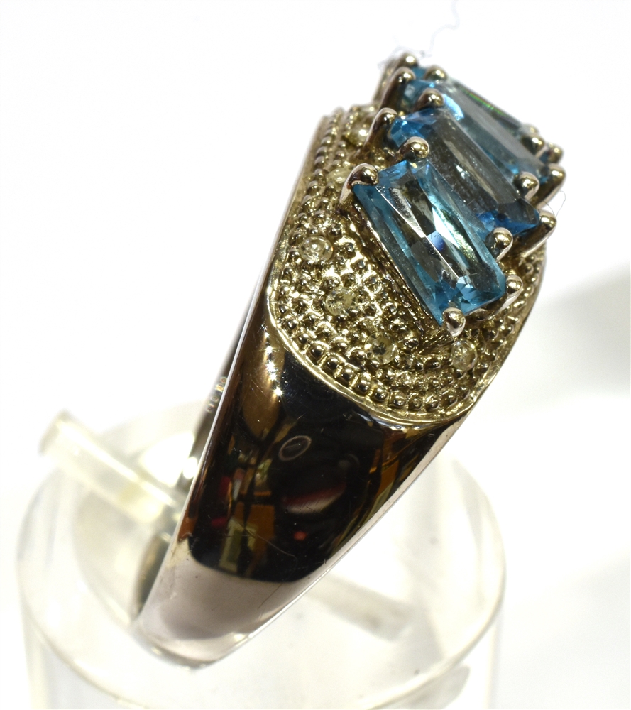 A BLUE TOPAZ FIVE STONE SET 9CT WHITE GOLD RING with small round brilliant cut pavé set diamonds, - Image 2 of 3