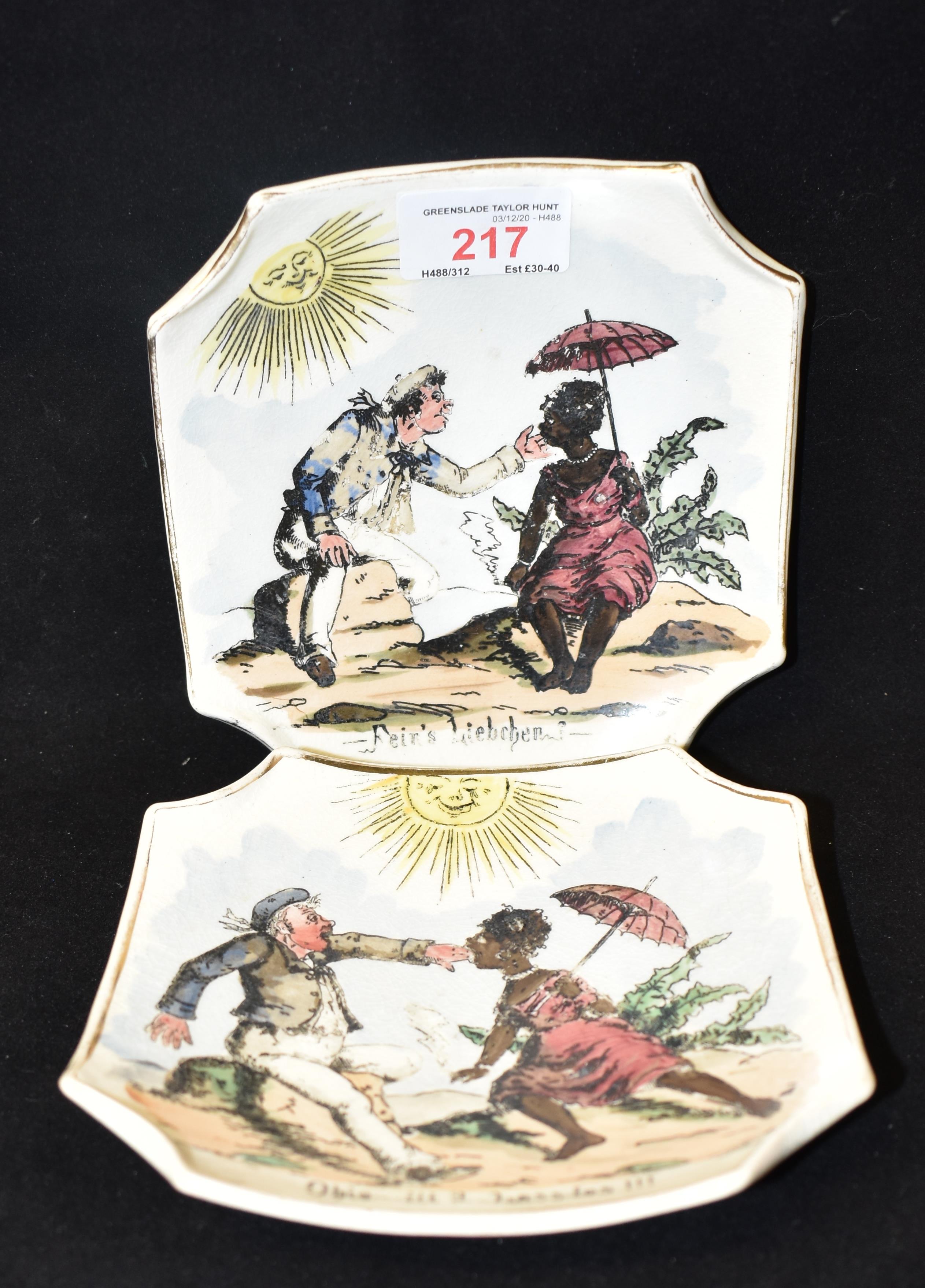 A PAIR OF SMALL CONTINENTAL SQUARE SHAPED DISHES printed with humourous scenes, stamped ' - Image 2 of 2