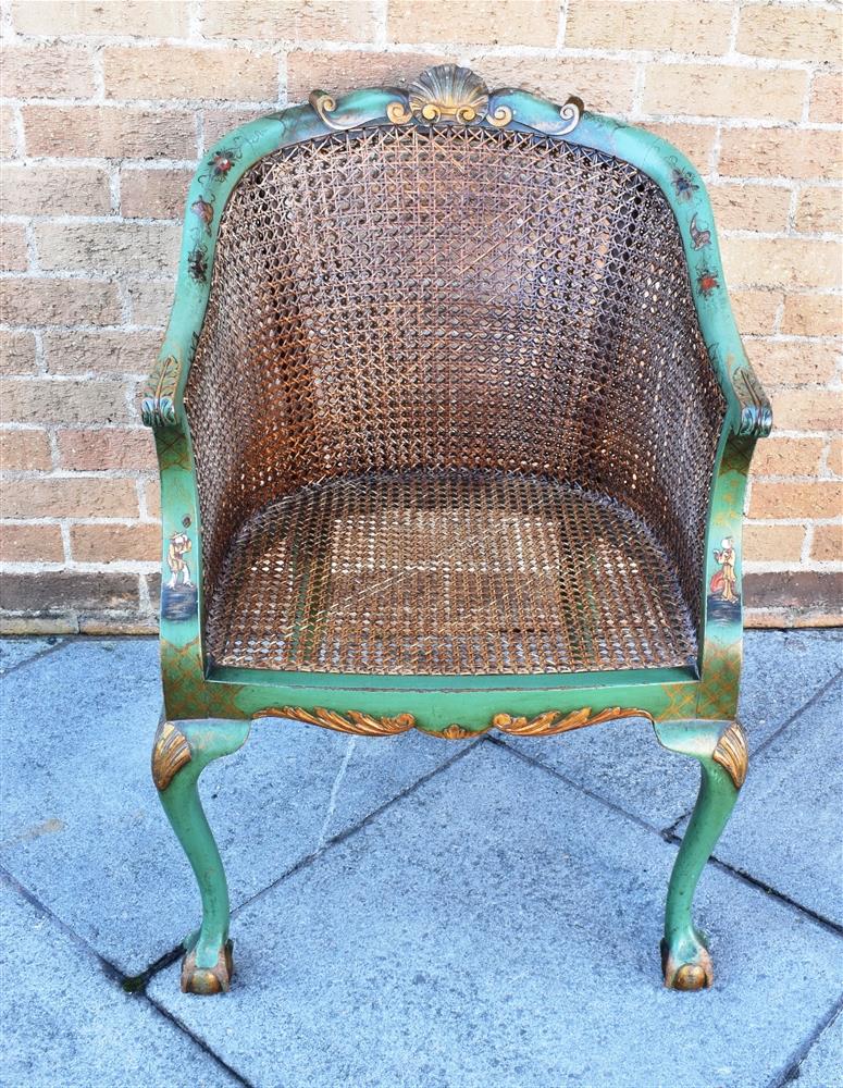 A BERGERE ARMCHAIR with double caned back, the carved frame with green lacquered Chinoiserie - Image 8 of 8