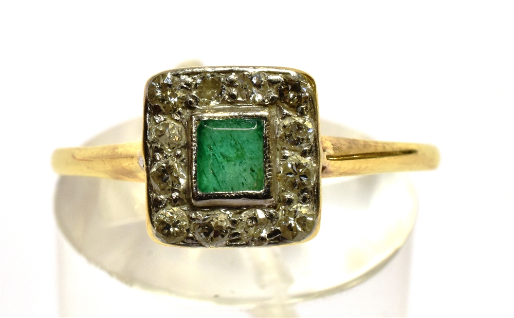 A SMALL EMERALD AND DIAMOND SQUARE CLUSTER YELLOW GOLD RING the small square cut emerald measuring