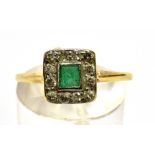 A SMALL EMERALD AND DIAMOND SQUARE CLUSTER YELLOW GOLD RING the small square cut emerald measuring