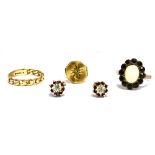 FOUR ITEMS OF 9CT GOLD JEWELLERY comprising a chain ring, ring size J, weighing approx. 1.5 grams, a